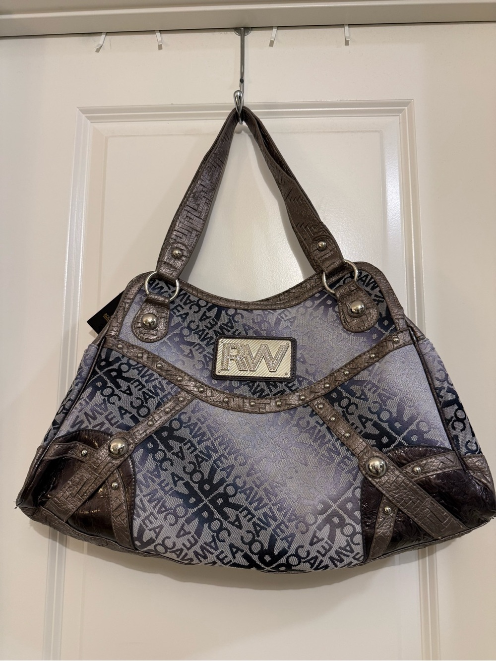 VTG Rocawear Y2K Monogram Hobo Bag Metallic Pewter Studded RW Logo NWT
